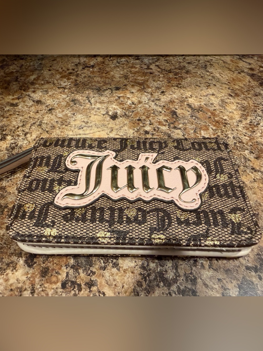 Juicy Couture Brown & Pink Monogram Key Card Holder Wallet